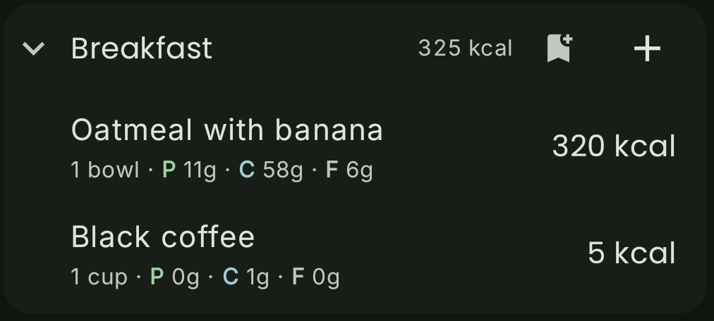 Breakfast entries with per-meal subtotal