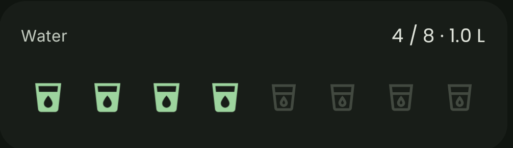 Water tracker row with eight glasses